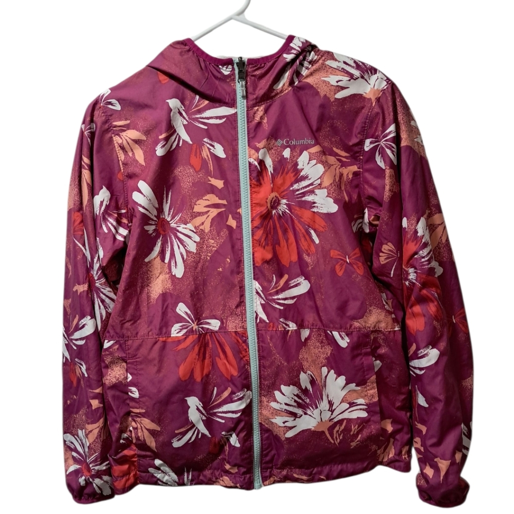 Columbia Girls Purple‎ Floral Hooded Windbreaker Jacket Full Zip Size L 14/16